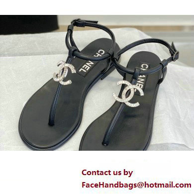 Chanel Lambskin  &  Strass CC Logo Thong Sandals G39728 Black 2023